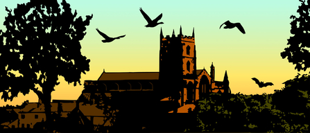 Leominster scene with birds and a bat in foreground
