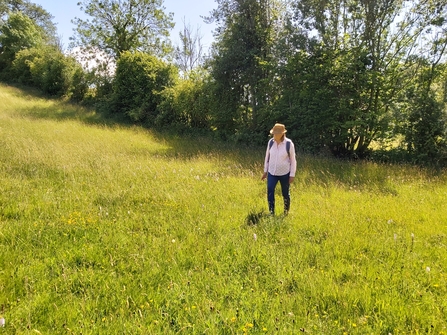Woman in wide brimmed hat and pale shirt in a meadow with hedgerow behind in summer sunshine