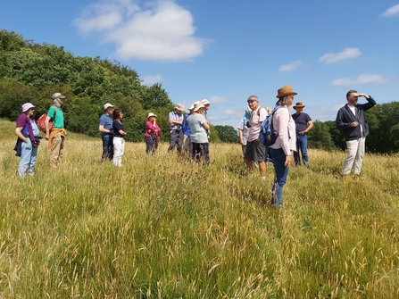 Group of people stood in meadow in summer sunshine