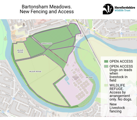 Map of Bartonsham Meadows with shading to show open access and refuge areas
