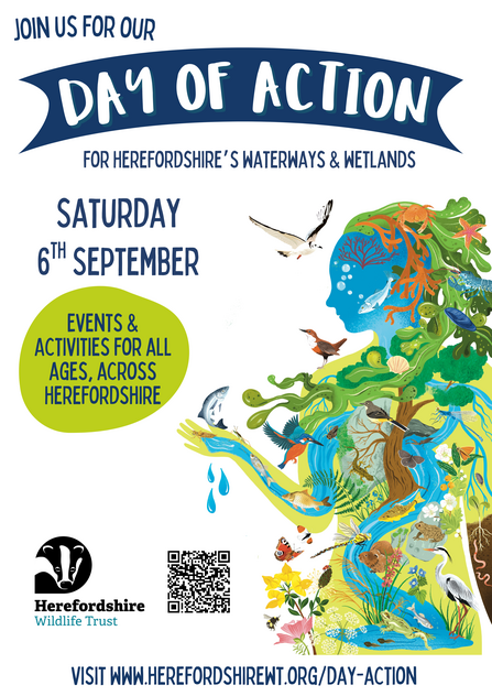 Poster with illustration of a woman formed by a river and wildlife plus text in blue and green