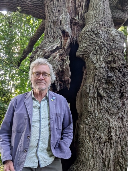 Man with grey hair and spectacles wearing a pale blue jacket stood beside an old tree trunk