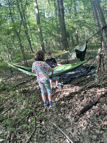 Two children with hammocks in a woodland