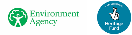 Environment Agency- green text on a white background with a of a graphic of a person holding their arms up with a tree canopy outline above next to the left of the text, National Lottery Heritage Fund Logo- blue circle with white text "made possible with Heritage Fund" and Lottery logo graphic of a hand with crossed fingers
