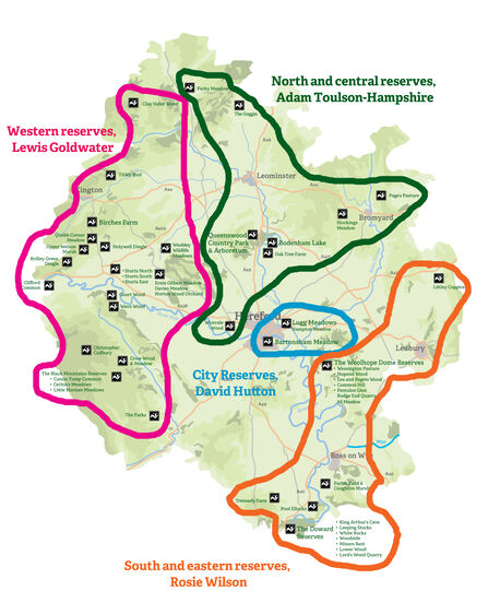 Map of Herefordshire with all nature reserves detailed and coloured lines around areas
