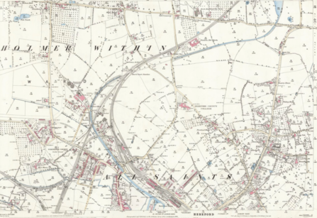 Map of Hereford 1885 with the canal in blue 
