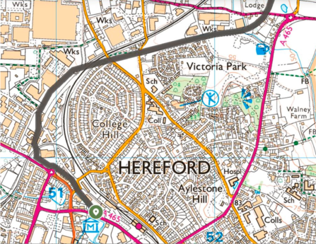 Map of Hereford 2026 with the canal line in thick grey (Victoria Park = Aylestone Park!)